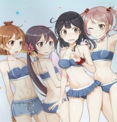 Rule 34 | 10s, 4girls, :q, ahoge, akebono (kancolle), animal, animal on shoulder, armpits, ass, bandaid, bandaid on face, bare arms, bare shoulders, bell, bikini, bikini shorts, black hair, blue background, blue bikini, blush, bow, breasts, brown eyes, brown hair, cleavage, closed mouth, collarbone, cowboy shot, crab, crab on head, drew (drew213g), eyebrows, fang, flat chest, flower, from side, gradient background, gradient hair, hair bell, hair bobbles, hair flower, hair ornament, hand on another&#039;s shoulder, jingle bell, kantai collection, long hair, looking at another, medium breasts, multicolored hair, multiple girls, navel, oboro (kancolle), official art, one eye closed, open mouth, pink eyes, pink hair, ponytail, purple eyes, purple hair, rabbit, sazanami (kancolle), scrunchie, short hair, shorts, sidelocks, small breasts, smile, standing, stomach, sweatdrop, swimsuit, tears, tongue, tongue out, twintails, ushio (kancolle), white bow, wrist scrunchie