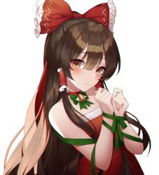 Rule 34 | 1girl, absurdres, bad id, bad pixiv id, bare shoulders, bell, blush, bound, bow, breasts, brown eyes, brown hair, choker, christmas, chromatic aberration, closed mouth, dress, fur trim, green ribbon, hair between eyes, hair bow, hair tubes, hakurei reimu, head tilt, highres, long hair, looking at viewer, meoyo, red bow, red choker, red dress, ribbon, santa costume, sidelocks, simple background, small breasts, smile, solo, strapless, strapless dress, touhou, upper body, white background