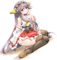Rule 34 | 1girl, anbee (arary), bare shoulders, blush, brown footwear, brown thighhighs, detached sleeves, dutch angle, female focus, frilled skirt, frills, full body, half-closed eyes, hand on own face, hand up, haruna (kancolle), headgear, japanese clothes, kantai collection, long hair, looking at viewer, nontraditional miko, panties, peeing, peeing self, puddle, purple hair, red skirt, ribbon-trimmed-sleeves, ribbon trim, shoes, simple background, sitting, skirt, smile, solo, steam, thighhighs, underwear, very long hair, wariza, wet, wet clothes, wet panties, white background, white panties, yellow eyes