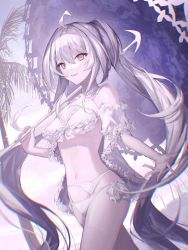 Rule 34 | 1girl, antenna hair, bikini, breasts, commentary, fate/grand order, fate/prototype, fate (series), frilled bikini, frilled swimsuit, frills, grey hair, hair between eyes, highres, holding, holding umbrella, lady avalon (fate), lady avalon (second ascension) (fate), long hair, looking at viewer, medium breasts, merlin (fate/prototype), navel, outdoors, palm tree, parasol, pink eyes, sidelocks, smile, solo, stomach, swimsuit, tamitami, tree, twintails, umbrella, very long hair, white bikini, white umbrella
