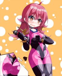 Rule 34 | 1girl, @ @, ass, ass focus, bad id, bad twitter id, blush, bodysuit, close-up, cosplay, covered erect nipples, g gundam, gundam, jfr3ow, mobile trace suit, open mouth, original, pilot suit, pink bodysuit, red eyes, red hair, skin tight, solo
