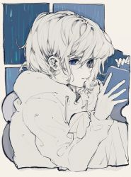 Rule 34 | 1girl, bad id, bad twitter id, blue background, blue theme, blush, book, daruma owl, drawstring, greyscale, hair between eyes, highres, holding, holding book, hood, hooded jacket, jacket, long sleeves, looking at book, monochrome, nose, nose blush, open book, original, short hair, solo, window