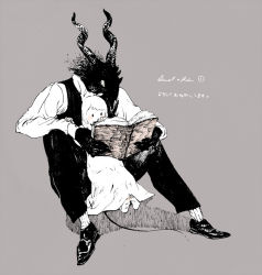 Rule 34 | 1girl, 1other, barefoot, black footwear, black pants, blush, book, commentary request, dress, grey background, height difference, holding, holding book, horns, knees up, long hair, nagabe, official art, open book, pants, reading, sensei (totsukuni no shoujo), shadow, shiva (totsukuni no shoujo), shoes, simple background, totsukuni no shoujo, white dress, white hair