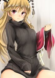 Rule 34 | 1girl, apron, black sweater, blonde hair, breasts, chikado, commentary request, hat, junko (touhou), large breasts, long hair, looking at viewer, red eyes, ribbed sweater, sitting, sleeves past wrists, smile, solo, sweater, tassel, touhou, turtleneck, turtleneck sweater, very long hair, wavy mouth