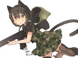 Rule 34 | 1girl, animal ears, bad id, bad twitter id, black hair, blush, boots, brown eyes, brown footwear, camouflage dress, cat ears, cat helmet, cat tail, dress, from side, garter straps, green dress, gun, holding, holding gun, holding weapon, looking at viewer, original, parted lips, rifle, short hair, signature, simple background, solo, tail, thighhighs, tsukiori, twitter username, weapon, white background