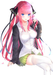 Rule 34 | absurdres, arm up, black cardigan, black ribbon, blue eyes, blunt bangs, blush, breasts, butterfly hair ornament, cardigan, cleavage, collarbone, crossed legs, go-toubun no hanayome, green skirt, hair ornament, highres, hime cut, large breasts, long hair, looking at viewer, mizukanayuki, multicolored nails, nail polish, nakano nino, open cardigan, open clothes, open mouth, partially unbuttoned, pink hair, ribbon, shirt, simple background, sitting, skirt, sleeves past wrists, solo, thighhighs, twintails, v-shaped eyebrows, white background, white shirt, white thighhighs, zettai ryouiki