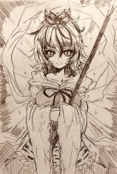Rule 34 | 1girl, apron, bishamonten&#039;s spear, bow, bowtie, breasts, closed mouth, collarbone, commentary request, cowboy shot, dress, efukei, frilled apron, frills, glowing, graphite (medium), greyscale, hair between eyes, hands in opposite sleeves, highres, holding, holding weapon, large breasts, long sleeves, looking at viewer, messy hair, monochrome, one-hour drawing challenge, polearm, short hair, smile, solo, spear, star (symbol), toramaru shou, touhou, traditional media, veil, waist apron, weapon, wide sleeves