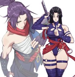 1girl bandage_on_chest barefoot black_hair breasts eyelashes female_focus half-closed_eyes holding holding_sword holding_weapon large_breasts leotard long_hair looking_at_viewer marvel marvel_rivals mg991998 ponytail psylocke purple_hair purple_leotard shiny_skin skindentation solo standing sword thick_thighs thighs weapon wide_hips