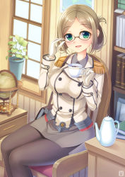 Rule 34 | 10s, 1girl, book, breasts, buttons, chair, commentary request, curtains, desk, epaulettes, folded ponytail, glasses, gloves, green eyes, highres, indoors, kantai collection, katori (kancolle), large breasts, long hair, long sleeves, looking at viewer, military, military uniform, pantyhose, plant, sitting, smile, solo, sunlight, table, umitonakai, uniform, white gloves, window