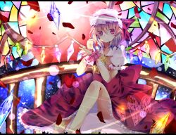 Rule 34 | 1girl, adapted costume, back bow, bow, bowtie, closed mouth, collared shirt, crystal, dress, feet out of frame, flandre scarlet, glowing, glowing wings, hat, hat ribbon, head tilt, large bow, looking at viewer, mob cap, multicolored background, multicolored wings, nekoruri, puffy short sleeves, puffy sleeves, red bow, red dress, red eyes, red ribbon, ribbon, shirt, short sleeves, sleeve ribbon, solo, touhou, white hat, white shirt, wings, wrist cuffs, yellow bow, yellow bowtie