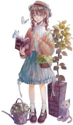 Rule 34 | 1girl, blue eyes, blue nails, blue skirt, bobby socks, book, bow, brown hair, brown hat, bug, butterfly, cardigan, flower, hair flower, hair ornament, hat, hat bow, highres, holding, holding book, insect, mary janes, nail polish, original, patchwork, plant, potted plant, shoes, skirt, socks, solo, standing, stuffed animal, stuffed toy, watering can, white socks