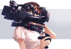 Rule 34 | 1girl, bare arms, blue eyes, breasts, brown hair, camera lens, carrying over shoulder, fingernails, hidden face, holding, looking away, medium breasts, one eye covered, original, product placement, short sleeves, simple background, solo, sony, swept bangs, tv camera, upper body, yomo (majidon)