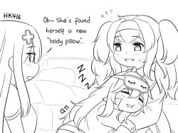 Rule 34 | 3girls, bed, character name, closed eyes, collared shirt, comic, commentary, crossover, drooling, english commentary, english text, g11 (girls&#039; frontline), gambier bay (kancolle), girls&#039; frontline, greyscale, guin guin, hair between eyes, hair ornament, hairband, hk416 (girls&#039; frontline), jacket, kantai collection, long hair, lying, monochrome, mouth drool, multiple girls, on side, pillow, profile, shirt, short sleeves, sleep mask, sleeping, sleeping on person, twintails, zzz
