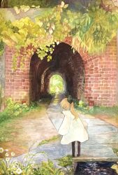Rule 34 | 1girl, absurdres, arch, black bow, blonde hair, bow, brick wall, canal, daisy, day, facing away, flower, from behind, grass, hair bow, highres, leaf, long hair, long sleeves, non na, original, outdoors, painting (medium), plant, ponytail, scenery, solo, standing, traditional media, tunnel, water, watercolor (medium), white flower