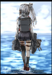 Rule 34 | 1girl, black socks, boots, cannon, cloud, commentary request, from behind, full body, grey footwear, grey skirt, highres, holding, kantai collection, kasumi (kancolle), kneehighs, long hair, machinery, ocean, seitei (04seitei), shirt, side ponytail, silver hair, single kneehigh, single sock, single thighhigh, skirt, sky, socks, solo, thighhighs, torpedo launcher, turret, twitter username, white shirt