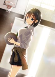 Rule 34 | 1girl, abcd2345, backlighting, ball, basketball, basketball (object), basketball hoop, black hair, black skirt, blue eyes, blush, breasts, clothes around waist, collared shirt, day, dutch angle, green necktie, gym, hair between eyes, highres, holding, holding ball, indoors, kukiha, large breasts, light particles, looking at viewer, necktie, original, parted lips, pleated skirt, school uniform, shirt, short hair, skirt, sleeves rolled up, solo, standing, striped necktie, striped neckwear, sunlight, sweater, sweater around waist, tied sweater, uniform