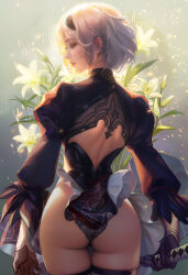 Rule 34 | 1girl, arms at sides, ass, back cutout, black dress, black gloves, black hairband, black thighhighs, clothing cutout, dress, fan yang (jiuge), feather-trimmed sleeves, flower, from behind, gloves, grey leotard, hairband, half-closed eyes, highres, holding, holding sword, holding weapon, juliet sleeves, leotard, lily (flower), lips, long sleeves, looking to the side, nier:automata, nier (series), no blindfold, nose, parted lips, puffy sleeves, short hair, solo, standing, sword, thighhighs, vambraces, weapon, white flower, white hair, 2b (nier:automata)