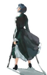 Rule 34 | 1girl, absurdres, aizheajsee, blue eyes, blue hair, dress, ghost in the shell, green dress, gun, high heels, highres, holding, holding gun, holding weapon, kusanagi motoko, long sleeves, looking at viewer, looking back, medium hair, simple background, solo, watercolor effect, weapon, white background