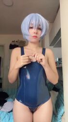 Rule 34 | 1girl, animated, audible music, ayanami rei, black eyes, blue hair, blue one-piece swimsuit, brazilian (nationality), cat, cosplay, dancing, female focus, indoors, looking at viewer, neon genesis evangelion, nerokosplayer, one-piece swimsuit, photo (medium), short hair, solo, sound, swimsuit, tagme, thighs, video