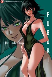 Rule 34 | 1girl, black hair, breasts, cleavage, dress, fubuki (one-punch man), green eyes, large breasts, one-punch man, sideboob