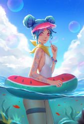 Rule 34 | 1girl, absurdres, alternate hair length, alternate hairstyle, arm tattoo, artist name, bangle, bare arms, bare shoulders, blue hair, blue nails, blue sky, bracelet, breasts, casual one-piece swimsuit, closed mouth, cloud, coral, cowboy shot, day, double bun, eyes visible through hair, fish, from side, hair bun, highres, holding, innertube, jewelry, jinx (league of legends), kerchief, kezi, league of legends, lens flare, light particles, looking at viewer, looking to the side, nail polish, ocean, one-piece swimsuit, outdoors, partially underwater shot, pearl bracelet, pink eyes, pink nails, see-through, short hair, sky, small breasts, smile, soap bubbles, solo, sunlight, swim ring, swimsuit, tattoo, thigh strap, thighs, tsurime, underwater, visor cap, water, white one-piece swimsuit