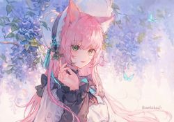 Rule 34 | 1girl, animal ears, artist name, bonnet, bug, butterfly, cat ears, cat girl, copyright request, flower, frills, green eyes, hand up, hat, bug, leaf, long sleeves, looking at viewer, maccha (mochancc), parted lips, pink hair, plant, purple flower, shirt, solo, symbol-only commentary, upper body, white shirt, wisteria