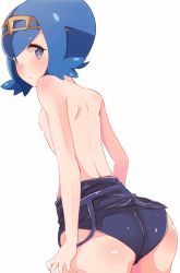 Rule 34 | 1girl, ass, back, bad id, bad pixiv id, bare back, bare shoulders, blue eyes, blue hair, blush, breasts, closed mouth, creatures (company), enelis, from behind, game freak, hair ornament, hip focus, lana (pokemon), looking at viewer, looking back, nintendo, pokemon, pokemon sm, short hair, simple background, small breasts, solo, swimsuit, trial captain, undressing, white background