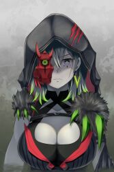 Rule 34 | 1girl, breasts, cleavage, colored tips, detached sleeves, diabellstar the black witch, duel monster, gloves, green eyes, green hair, grey hair, half mask, highres, hood, hood up, large breasts, mask, medium hair, multicolored hair, pale skin, red mask, ryuu (blackdeeno), single detached sleeve, single sleeve, solo, upper body, yu-gi-oh!