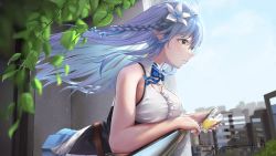 Rule 34 | 1girl, absurdres, bare shoulders, blue hair, blue sky, braid, breasts, cup, day, drinking glass, floating hair, flower, from side, hair flower, hair ornament, highres, holding, holding cup, hololive, large breasts, long hair, pointy ears, shirt, sky, sleeveless, sleeveless shirt, solo, sprygon, upper body, virtual youtuber, white flower, white shirt, yellow eyes, yukihana lamy