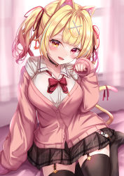 Rule 34 | 1girl, animal ear fluff, animal ears, black choker, blonde hair, blouse, blush, bow, bowtie, breasts, brown skirt, brown thighhighs, cat ears, cat tail, choker, extra ears, fang, garter straps, gradient hair, hair ornament, hair ribbon, hand up, highres, hoshikawa sara, hoshikawa sara (4th costume), jacket, large breasts, long sleeves, looking at viewer, multicolored hair, nijisanji, on bed, open mouth, partially unbuttoned, paw pose, pink hair, pink jacket, plaid, plaid skirt, red bow, red bowtie, red eyes, red ribbon, ribbon, shirt, sitting, skirt, sleeves past wrists, solo, tail, tail ornament, tail ribbon, thighhighs, twintails, virtual youtuber, white shirt, x hair ornament, yellow eyes, yuano