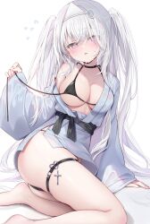 Rule 34 | 1girl, ame usari, arm support, ass, barefoot, bikini, black bikini, black choker, black sash, blue kimono, blush, breasts, choker, commentary request, cross, crossed bangs, feet, flying sweatdrops, foot out of frame, grey eyes, grey hair, hair between eyes, hair ornament, hair over one eye, halterneck, heart, heart-shaped pupils, heart o-ring, highres, japanese clothes, kimono, large breasts, long hair, long sleeves, looking at viewer, micro bikini, off shoulder, original, paid reward available, parted lips, sash, simple background, sitting, sleeves past wrists, solo, sweat, swimsuit, symbol-shaped pupils, thigh strap, triangular headpiece, two side up, untied bikini, very long hair, white background, wide sleeves, yokozuwari, yukata