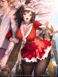Rule 34 | 1girl, 2boys, breasts, brown eyes, brown hair, cherry blossoms, cleavage, fishnet pantyhose, fishnets, frills, furyou michi ~gang road~, heart, heart necklace, highres, holding another&#039;s arm, hyulla, jewelry, large breasts, lips, makeup, miniskirt, mole, mole under eye, multiple boys, necklace, official art, open mouth, original, outdoors, pantyhose, pointing, polka dot, red skirt, short hair, skirt, smile, thick thighs, thighs
