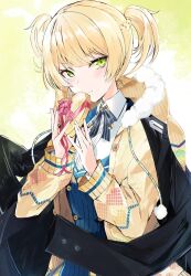Rule 34 | 1girl, black jacket, blonde hair, box, braid, fur trim, gift, gift box, girls&#039; frontline, green eyes, heart-shaped box, highres, holding, holding gift, hood, hooded sweater, jacket, jacket on shoulders, looking at viewer, official alternate costume, shirt, short hair, sierra (sierra s252), solo, sweater, two side up, upper body, welrod mkii (english in love) (girls&#039; frontline), welrod mkii (girls&#039; frontline), white shirt