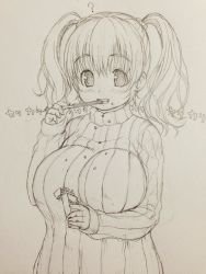 Rule 34 | 1girl, ?, blush, breasts, crumbs, eating, food, headphones, huge breasts, long sleeves, looking at viewer, messy, monochrome, nitroplus, open mouth, plump, pocky, pocky day, ribbed sweater, short hair, sketch, solo, super pochaco, sweater, traditional media, tsuji santa, twintails