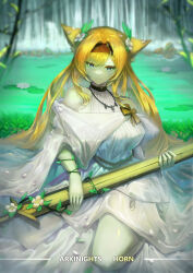 Rule 34 | 1girl, absurdres, animal ears, arknights, bare shoulders, bielin, blonde hair, blurry, blurry background, brown hairband, character name, closed mouth, commentary request, copyright name, depth of field, dress, flower, grey eyes, hairband, highres, holding, holding sword, holding weapon, horn (arknights), horn (to effloresce whitely) (arknights), juliet sleeves, lily pad, long hair, long sleeves, puffy sleeves, solo, sword, very long hair, water, weapon, white dress, white flower, wide sleeves