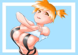 Rule 34 | absurdres, artist request, ass, bare shoulders, blue background, blue border, blush, border, breasts, cleavage, creatures (company), game freak, hair ornament, harness, highres, large breasts, lips, misty (pokemon), navel, nintendo, orange eyes, orange hair, pokemon, pokemon: the electric tale of pikachu, rubber band, shiny clothes, shiny skin, shirt, short hair, short ponytail, side ponytail, sideboob, teeth, tongue, undressing, white border, white shirt