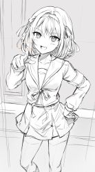 Rule 34 | 1girl, :d, absurdres, armband, bad id, bad twitter id, blush, brown hair, collarbone, commentary request, feet out of frame, greyscale, hair intakes, hair ribbon, hand on own hip, hand up, highres, holding, index finger raised, kita high school uniform, long sleeves, looking at viewer, monochrome, open mouth, pointing, ribbon, sailor collar, school uniform, sketch, skirt, smile, solo, suzumiya haruhi, suzumiya haruhi no yuuutsu, tokkyu