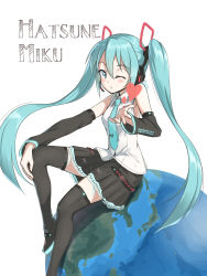 Rule 34 | 1girl, aqua eyes, aqua hair, boots, character name, detached sleeves, from side, globe, hair between eyes, hatsune miku, headset, heart, highres, long hair, looking at viewer, mikuru ism, necktie, one eye closed, simple background, sitting, skirt, solo, thigh boots, thighhighs, twintails, very long hair, vocaloid, white background