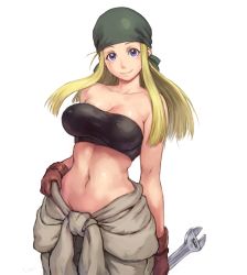 Rule 34 | 1girl, bandana, bandeau, blonde hair, blue eyes, breasts, brown gloves, cleavage, clothes around waist, commentary request, covered erect nipples, cowboy shot, fullmetal alchemist, gloves, hand on own hip, long hair, looking at viewer, medium breasts, midriff, navel, shirt, shirt around waist, shu-mai, simple background, smile, solo, stomach, white background, winry rockbell, wrench
