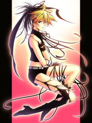 Rule 34 | 1boy, black thighhighs, blonde hair, boots, bracelet, full body, gradient background, green eyes, hair between eyes, high heel boots, high heels, highres, invisible chair, jewelry, kagamine len, kayu, leg ribbon, male focus, midriff, ribbon, sitting, skindentation, solo, thigh ribbon, thighhighs, torn clothes, torn thighhighs, trap, vocaloid