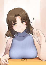 Rule 34 | ?, alternate costume, breasts, brown eyes, brown hair, chiyoda (kancolle), facing viewer, kantai collection, large breasts, looking to the side, medium hair, nikuoji, simple background, smile, solo, turtleneck