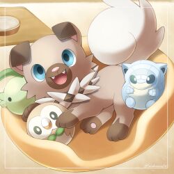 Rule 34 | alolan form, alolan sandshrew, blue eyes, bowl, creatures (company), fangs, fluffy, game freak, gen 7 pokemon, highres, indoors, looking at viewer, lying, nintendo, no humans, on side, open mouth, pet bed, pet bowl, pokemon, pokemon (creature), rockruff, rowlet, sasabunecafe, smile, stuffed toy, tail, twitter username