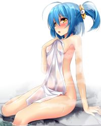 Rule 34 | 1girl, ahoge, blue hair, blush, breasts, covering breasts, covering privates, huge ahoge, nude, nude cover, ole tower, onsen, open mouth, rock, short hair, short ponytail, side ponytail, simple background, sitting, skid-steer loader (ole tower), small breasts, solo, steam, water, wet, white background, yellow eyes, yuu sagi