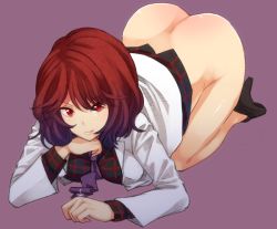 Rule 34 | 1girl, ass, bad id, bad twitter id, bottomless, full body, high heels, horikawa raiko, jacket, kneeling, long sleeves, looking at viewer, necktie, plaid, plaid shirt, purple background, red eyes, red hair, shirt, short hair, simple background, smile, solo, top-down bottom-up, touhou, urin, vest