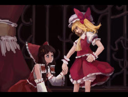 Rule 34 | 2girls, absurdres, blonde hair, blunt bangs, bow, brown hair, eye contact, faux traditional media, female focus, flandre scarlet, hair bow, hair tubes, hakurei reimu, hat, hat bow, highres, holding hands, letterboxed, looking at another, looking up, multiple girls, siephy, skirt, skirt set, touhou, wrist cuffs