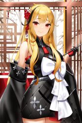Rule 34 | 1girl, absurdres, black kimono, blonde hair, bow, cowboy shot, detached sleeves, gloves, hair ornament, highres, holding, holding smoking pipe, hololive, hololive indonesia, japanese clothes, kaela kovalskia, kaela kovalskia (new year), kimono, kiseru, long hair, looking at viewer, multicolored hair, official alternate costume, red eyes, roina (effj7473), smile, smoking pipe, solo, streaked hair, virtual youtuber, white bow