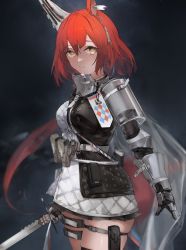 Rule 34 | 1girl, animal ears, arknights, armor, belt, belt pouch, black skirt, breasts, closed mouth, cowboy shot, dark background, dress, elbow pads, flametail (arknights), gauntlets, highres, holding, holding sword, holding weapon, long hair, looking at viewer, low ponytail, medium breasts, miniskirt, pleated skirt, pouch, red hair, skindentation, skirt, smile, smoke, solo, squirrel ears, squirrel girl, squirrel tail, strapless, strapless dress, sword, tail, thigh strap, unitsu, very long hair, weapon, yellow eyes
