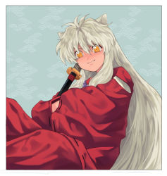 Rule 34 | 1boy, animal ears, bad id, bad pixiv id, blue background, crossed arms, dog ears, inuyasha, inuyasha (character), japanese clothes, jewelry, long hair, looking at viewer, male focus, necklace, sheath, sheathed, simple background, sitting, sword, very long hair, weapon, white hair, wide sleeves, yellow eyes
