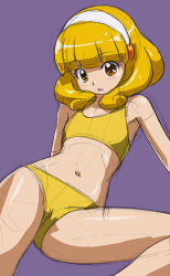 Rule 34 | 10s, 1girl, bikini, blonde hair, hairband, kise yayoi, looking at viewer, open mouth, precure, purple background, rohitsuka, short hair, simple background, sketch, smile precure!, solo, swimsuit, white hairband, yellow bikini, yellow eyes
