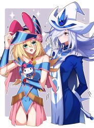 Rule 34 | 2girls, animal ears, bare shoulders, blonde hair, blue dress, blue robe, blush, blush stickers, breasts, carrying, closed mouth, collarbone, cosplay, dark magician girl, dark magician girl (cosplay), dress, duel monster, green eyes, hair between eyes, hair over one eye, hat, highres, holding, holding wand, long hair, medium breasts, multiple girls, my melody, off-shoulder dress, off shoulder, open mouth, purple eyes, rabbit ears, robe, sanrio, silent magician, sparkle, twitter username, wand, white hair, witch, witch hat, yoshio 296, yu-gi-oh!